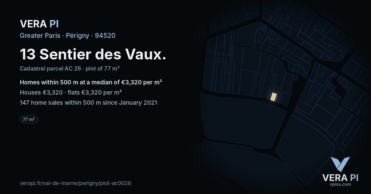 13 Sentier des Vaux, Périgny at night – the plot lit, the parcels around coloured by the prices near them
