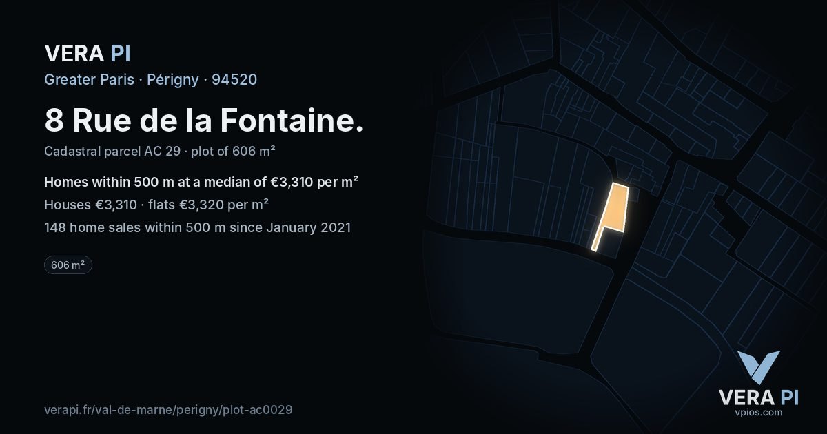 8 Rue de la Fontaine, Périgny at night – the plot lit, the parcels around coloured by the prices near them