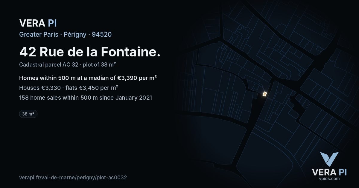 42 Rue de la Fontaine, Périgny at night – the plot lit, the parcels around coloured by the prices near them