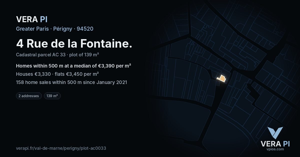 4 Rue de la Fontaine, Périgny at night – the plot lit, the parcels around coloured by the prices near them