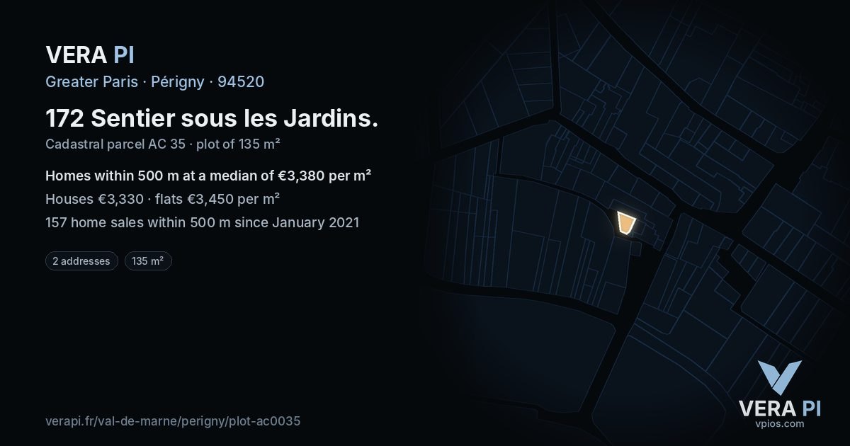 172 Sentier sous les Jardins, Périgny at night – the plot lit, the parcels around coloured by the prices near them