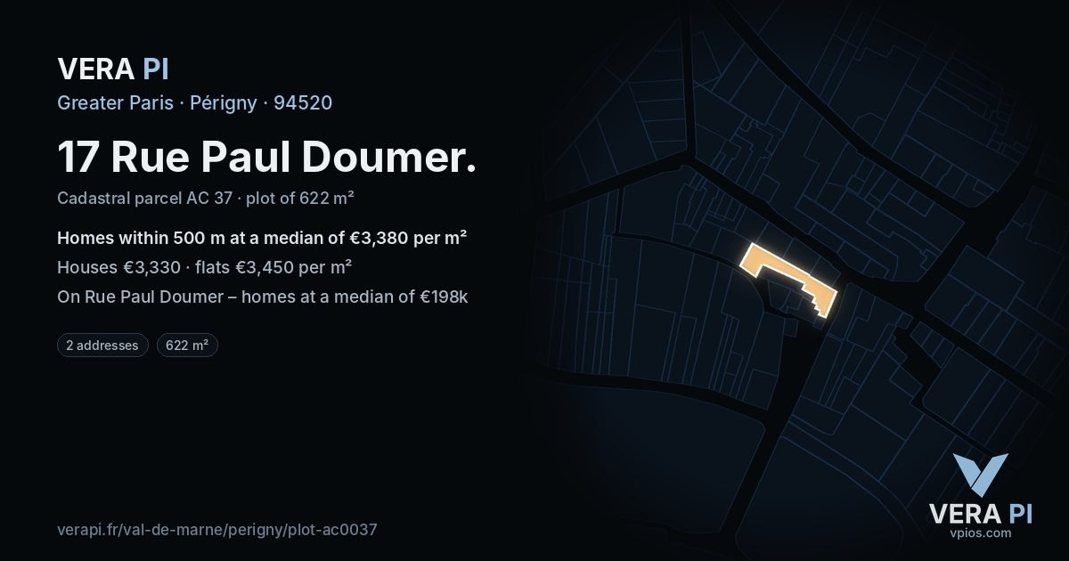 17 Rue Paul Doumer, Périgny at night – the plot lit, the parcels around coloured by the prices near them