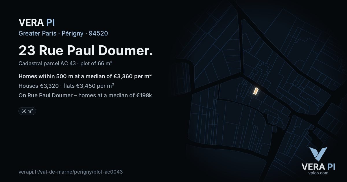 23 Rue Paul Doumer, Périgny at night – the plot lit, the parcels around coloured by the prices near them