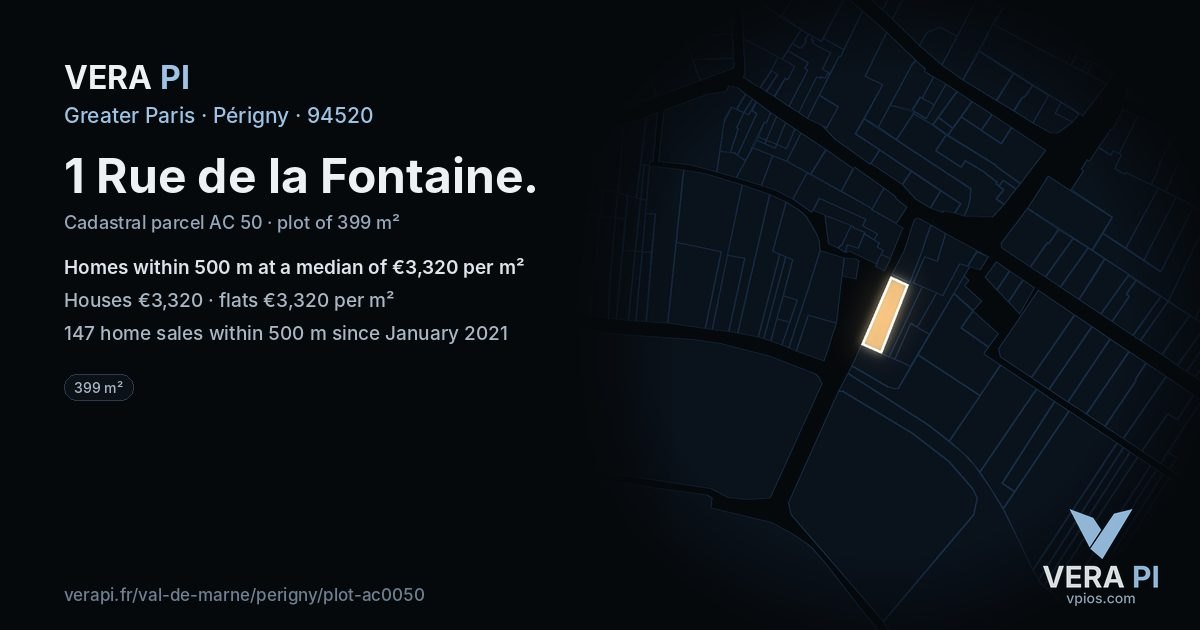 1 Rue de la Fontaine, Périgny at night – the plot lit, the parcels around coloured by the prices near them