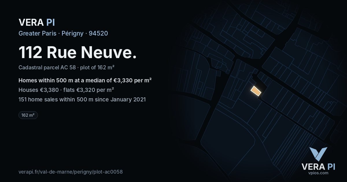 112 Rue Neuve, Périgny at night – the plot lit, the parcels around coloured by the prices near them