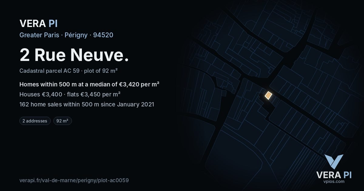 2 Rue Neuve, Périgny at night – the plot lit, the parcels around coloured by the prices near them
