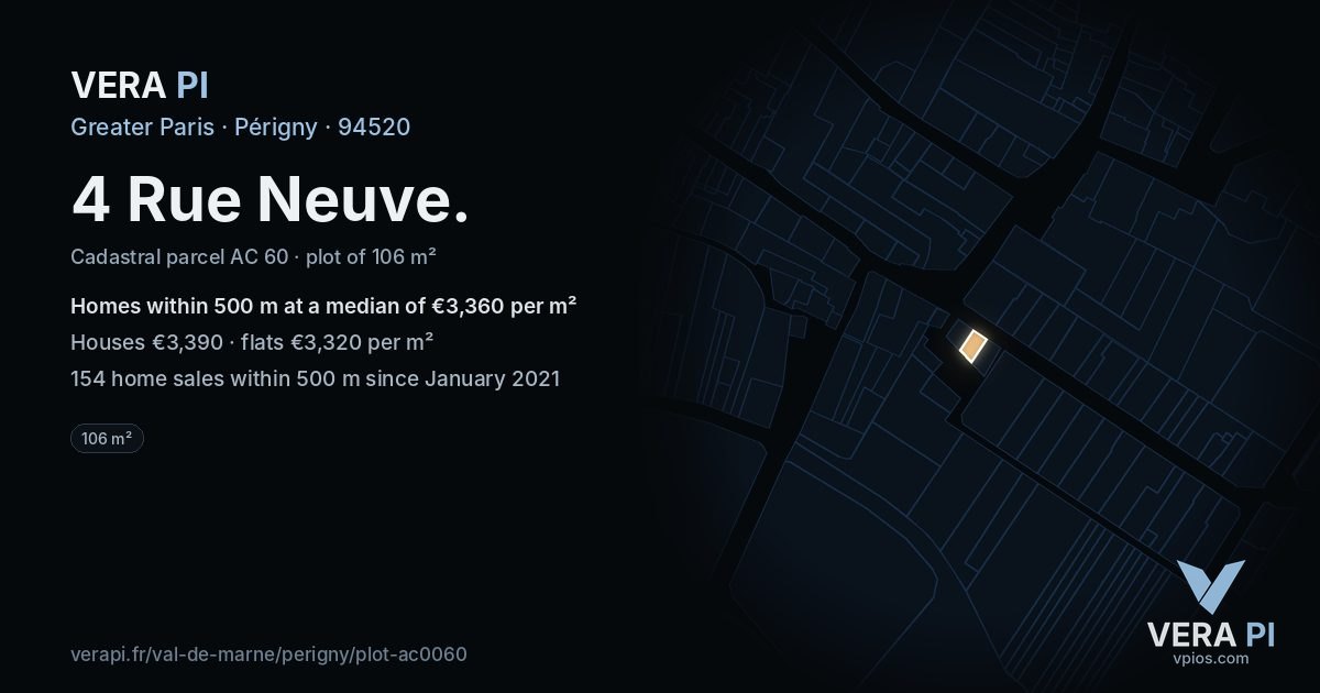 4 Rue Neuve, Périgny at night – the plot lit, the parcels around coloured by the prices near them