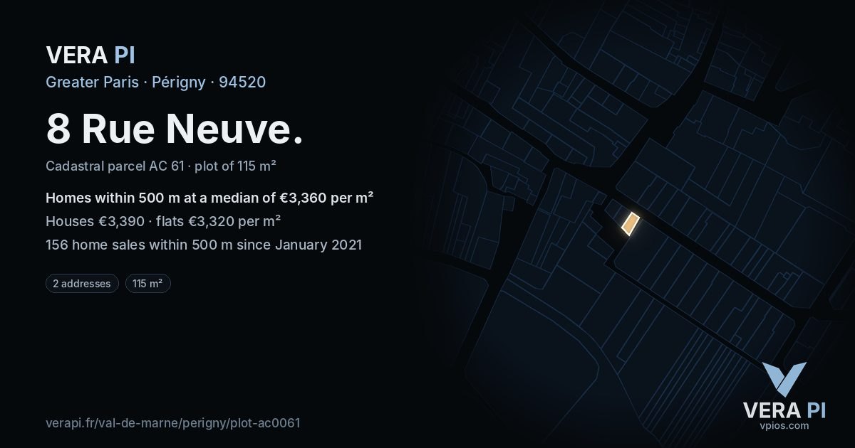 8 Rue Neuve, Périgny at night – the plot lit, the parcels around coloured by the prices near them