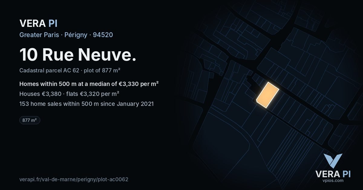 10 Rue Neuve, Périgny at night – the plot lit, the parcels around coloured by the prices near them