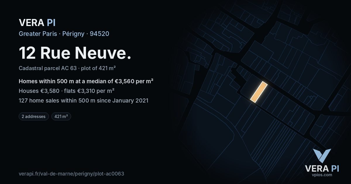 12 Rue Neuve, Périgny at night – the plot lit, the parcels around coloured by the prices near them