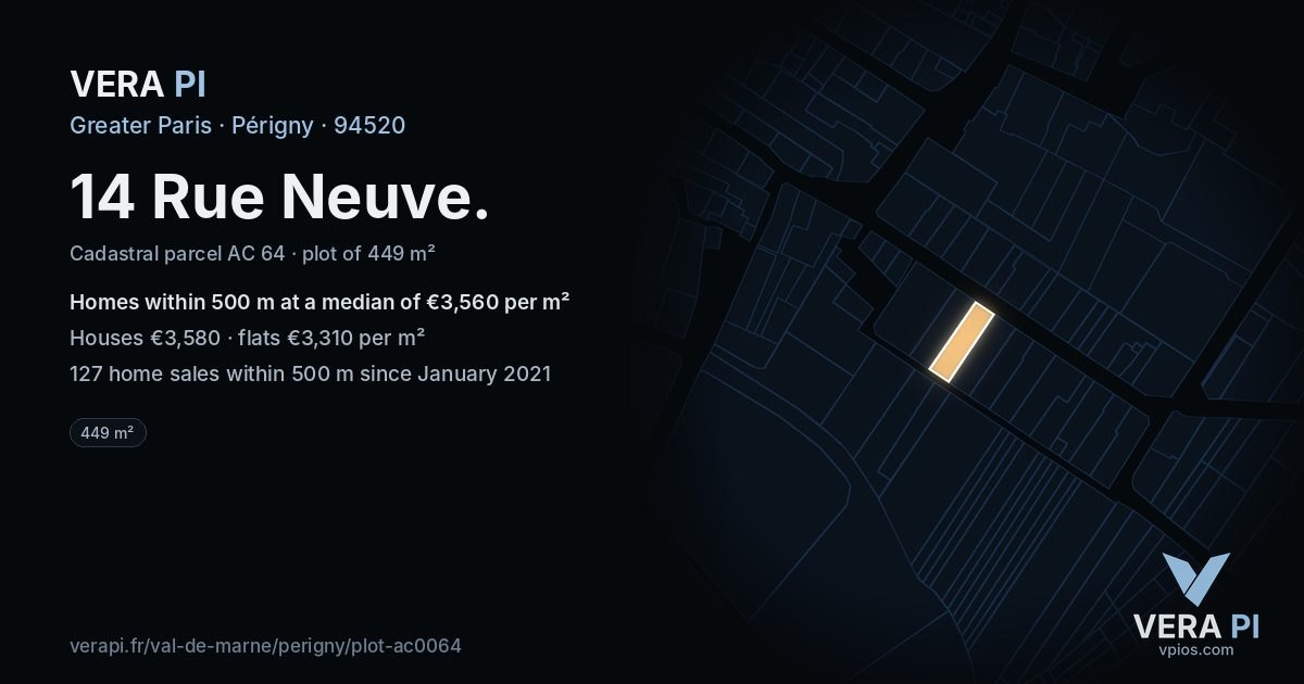 14 Rue Neuve, Périgny at night – the plot lit, the parcels around coloured by the prices near them