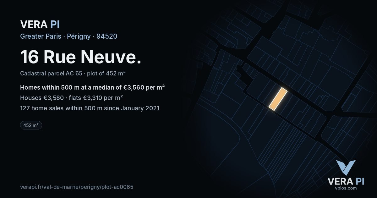 16 Rue Neuve, Périgny at night – the plot lit, the parcels around coloured by the prices near them