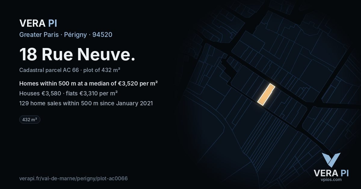 18 Rue Neuve, Périgny at night – the plot lit, the parcels around coloured by the prices near them