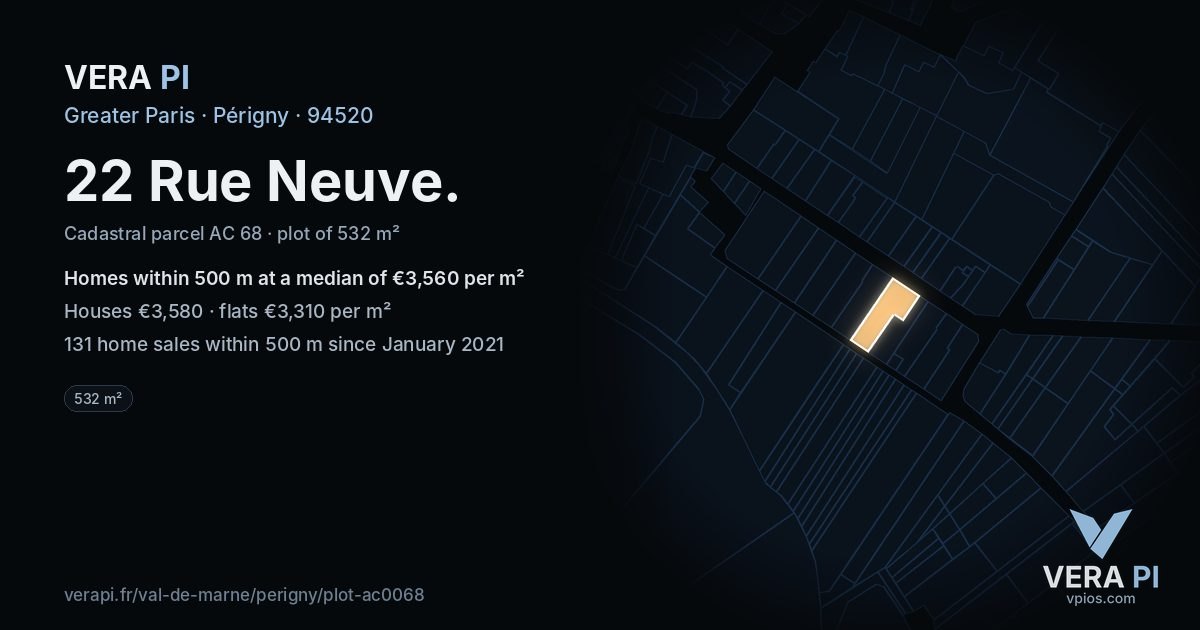 22 Rue Neuve, Périgny at night – the plot lit, the parcels around coloured by the prices near them