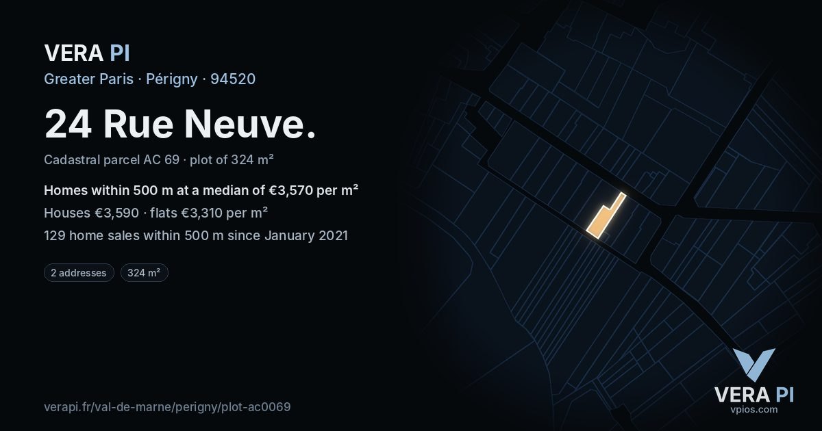 24 Rue Neuve, Périgny at night – the plot lit, the parcels around coloured by the prices near them