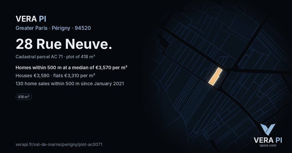 28 Rue Neuve, Périgny at night – the plot lit, the parcels around coloured by the prices near them