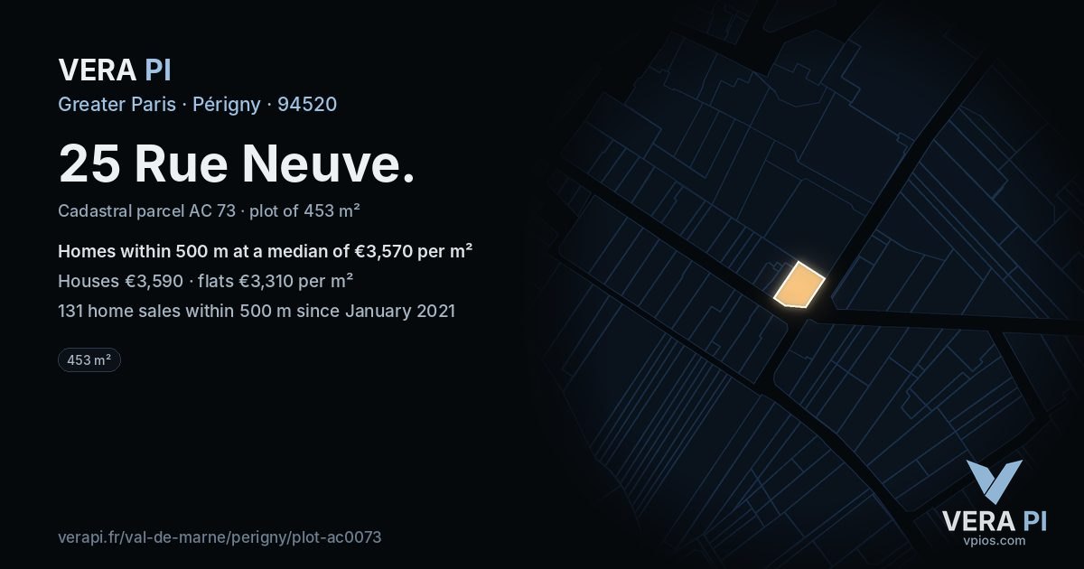 25 Rue Neuve, Périgny at night – the plot lit, the parcels around coloured by the prices near them