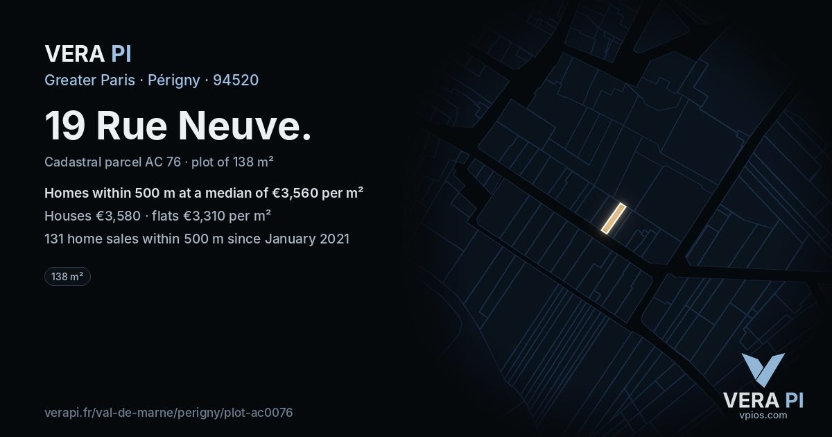 19 Rue Neuve, Périgny at night – the plot lit, the parcels around coloured by the prices near them
