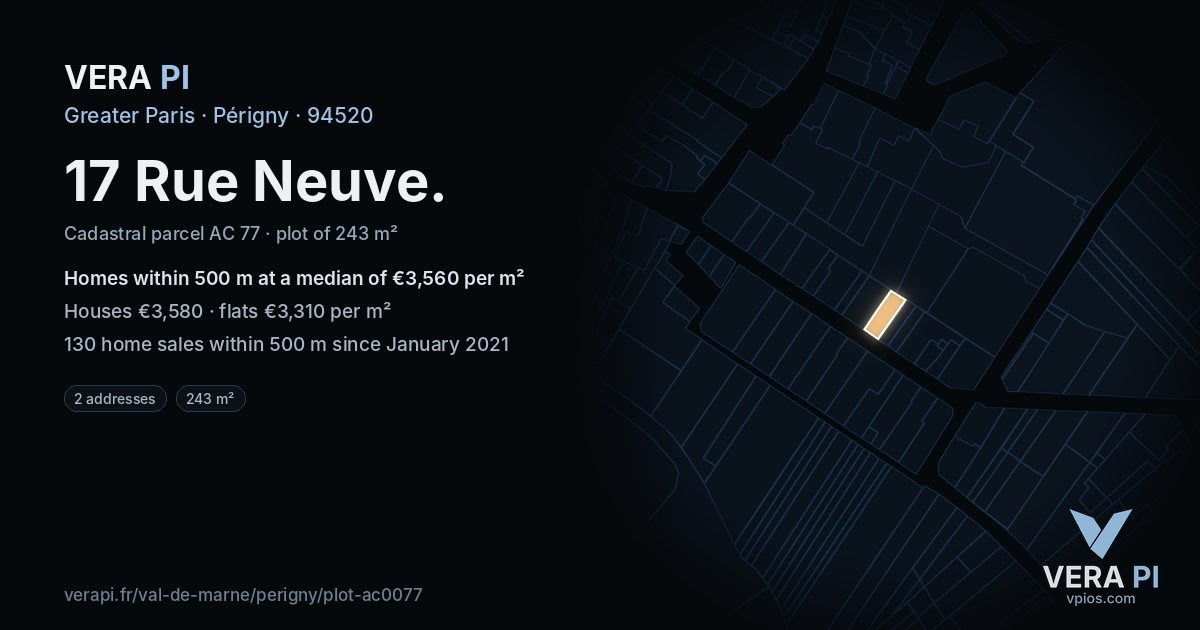 17 Rue Neuve, Périgny at night – the plot lit, the parcels around coloured by the prices near them