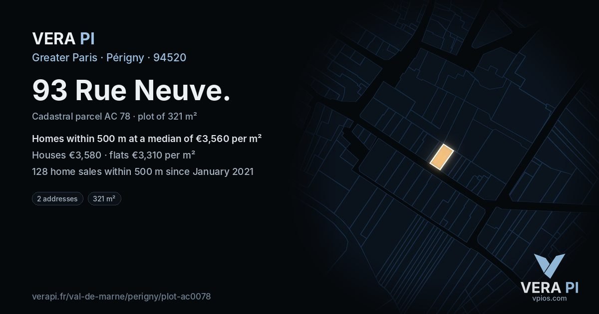 93 Rue Neuve, Périgny at night – the plot lit, the parcels around coloured by the prices near them