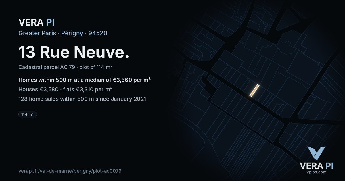 13 Rue Neuve, Périgny at night – the plot lit, the parcels around coloured by the prices near them