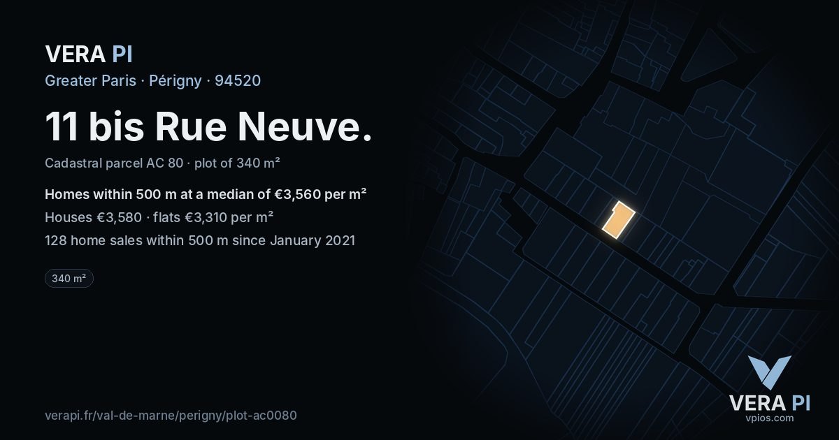 11 bis Rue Neuve, Périgny at night – the plot lit, the parcels around coloured by the prices near them