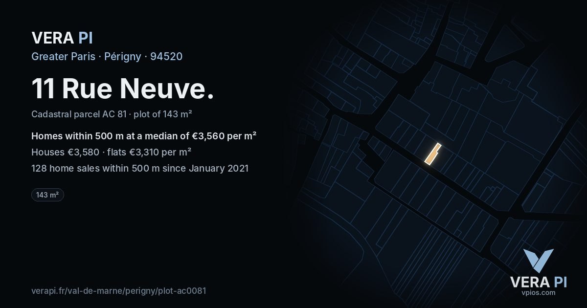 11 Rue Neuve, Périgny at night – the plot lit, the parcels around coloured by the prices near them