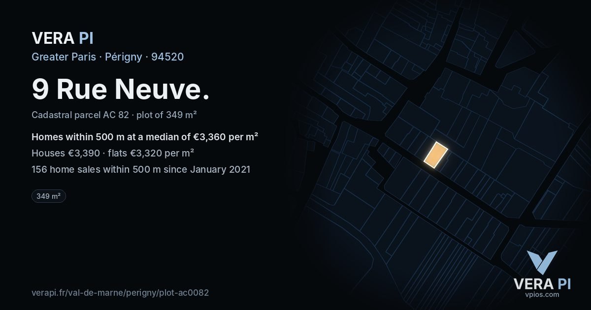 9 Rue Neuve, Périgny at night – the plot lit, the parcels around coloured by the prices near them