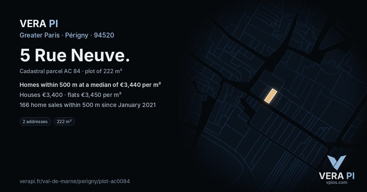 5 Rue Neuve, Périgny at night – the plot lit, the parcels around coloured by the prices near them