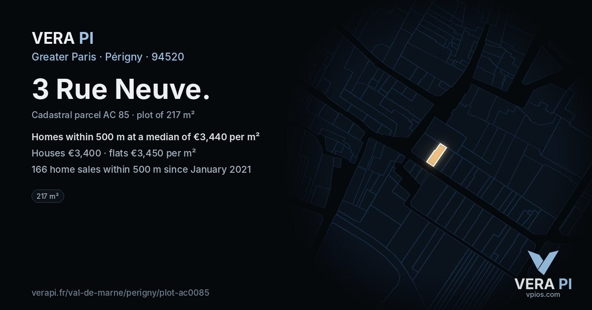 3 Rue Neuve, Périgny at night – the plot lit, the parcels around coloured by the prices near them