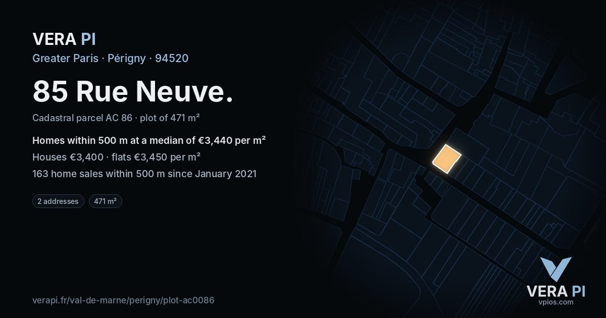 85 Rue Neuve, Périgny at night – the plot lit, the parcels around coloured by the prices near them