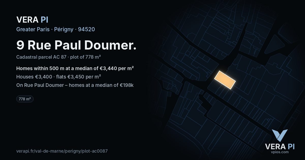 9 Rue Paul Doumer, Périgny at night – the plot lit, the parcels around coloured by the prices near them