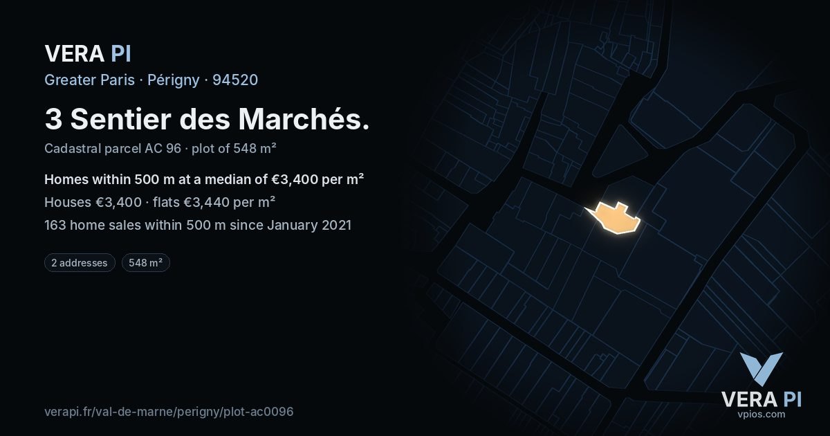 3 Sentier des Marchés, Périgny at night – the plot lit, the parcels around coloured by the prices near them