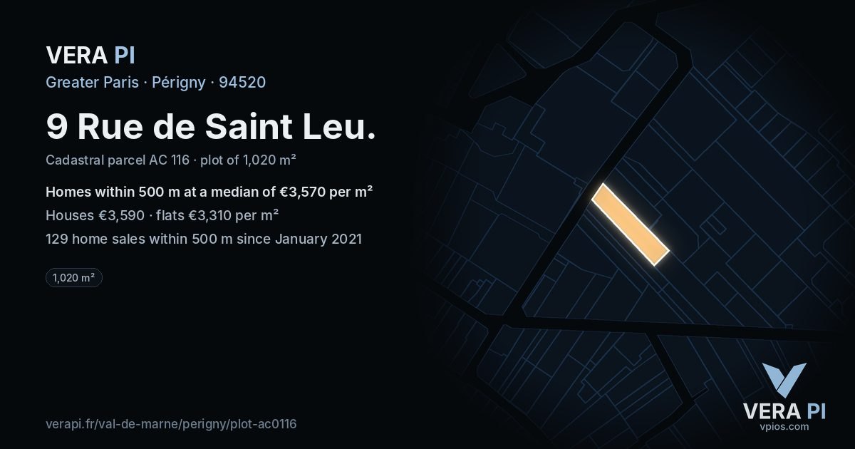 9 Rue de Saint Leu, Périgny at night – the plot lit, the parcels around coloured by the prices near them