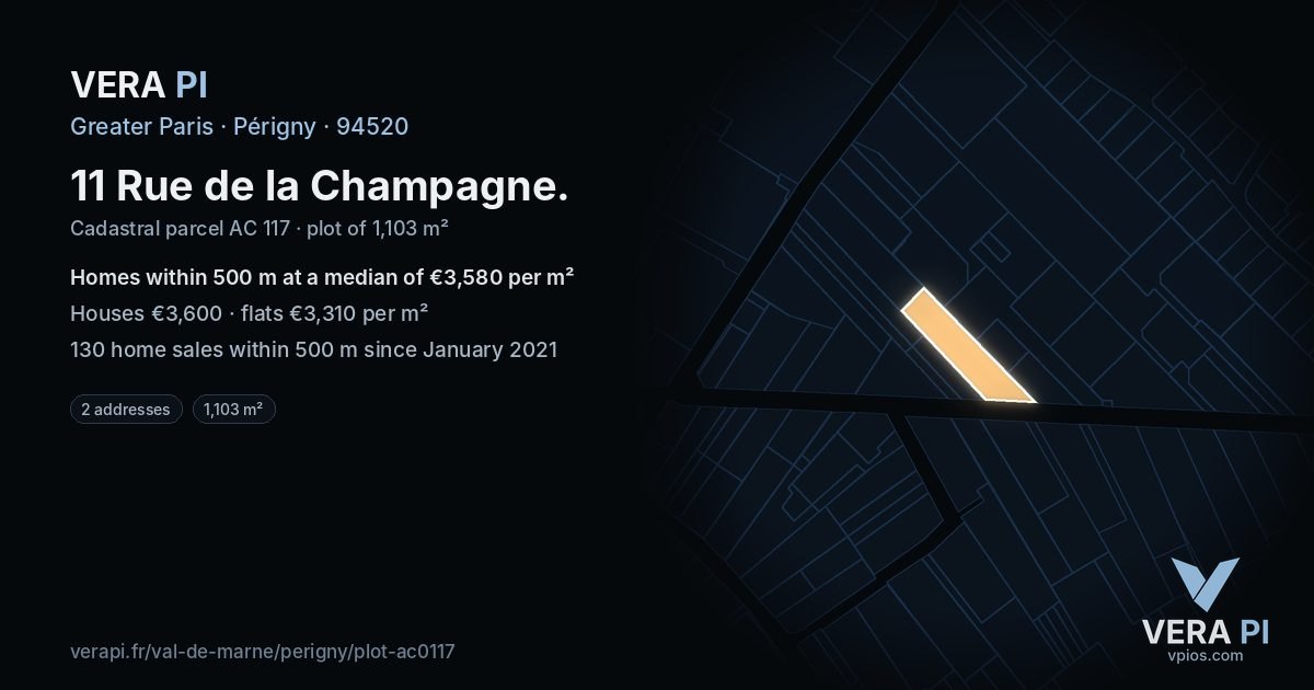 11 Rue de la Champagne, Périgny at night – the plot lit, the parcels around coloured by the prices near them