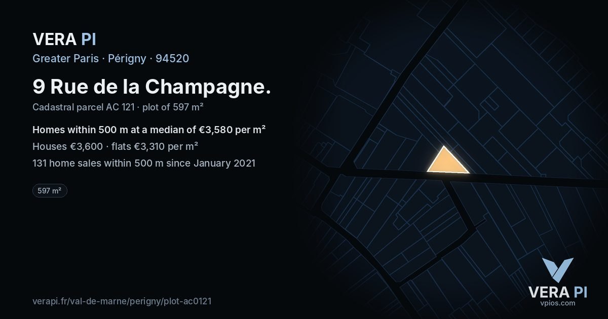 9 Rue de la Champagne, Périgny at night – the plot lit, the parcels around coloured by the prices near them