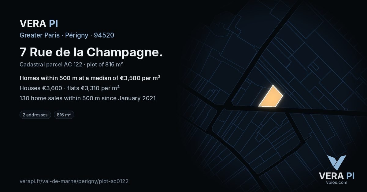 7 Rue de la Champagne, Périgny at night – the plot lit, the parcels around coloured by the prices near them