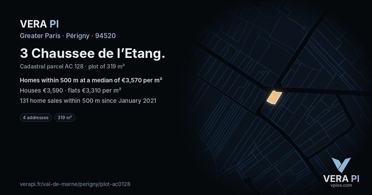 3 Chaussee de l’Etang, Périgny at night – the plot lit, the parcels around coloured by the prices near them