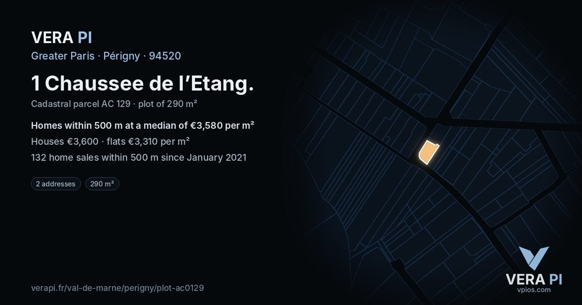 1 Chaussee de l’Etang, Périgny at night – the plot lit, the parcels around coloured by the prices near them