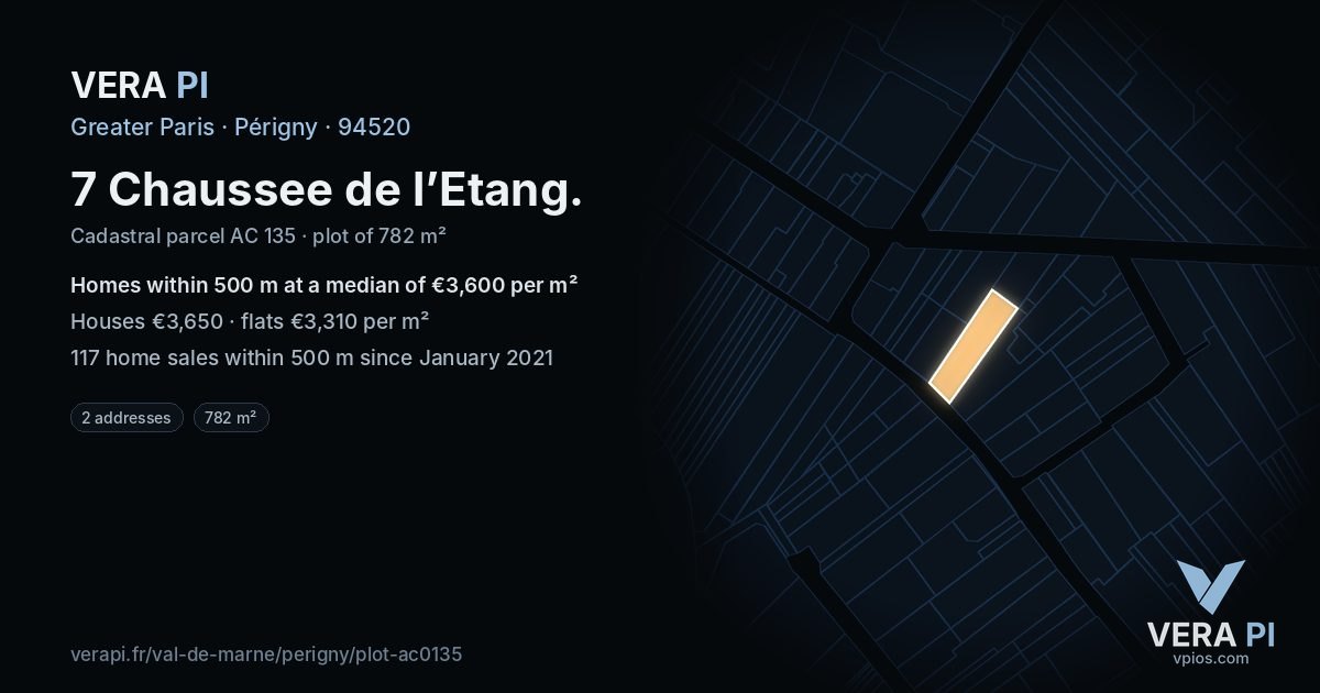7 Chaussee de l’Etang, Périgny at night – the plot lit, the parcels around coloured by the prices near them