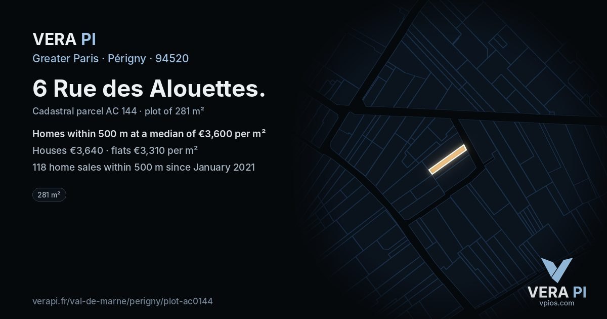 6 Rue des Alouettes, Périgny at night – the plot lit, the parcels around coloured by the prices near them
