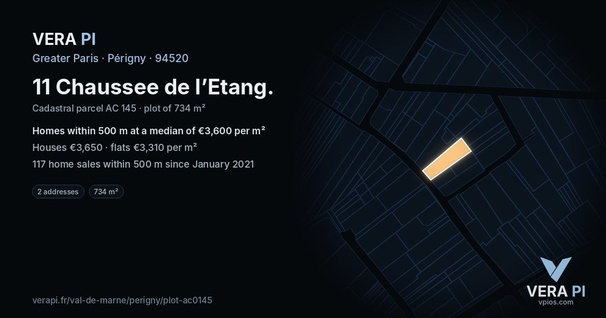 11 Chaussee de l’Etang, Périgny at night – the plot lit, the parcels around coloured by the prices near them