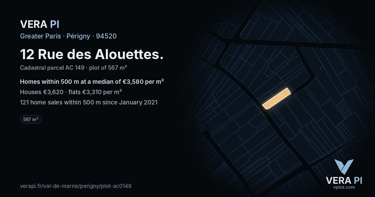 12 Rue des Alouettes, Périgny at night – the plot lit, the parcels around coloured by the prices near them
