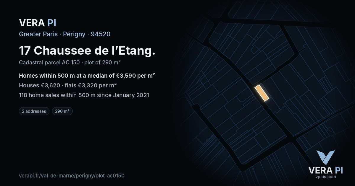 17 Chaussee de l’Etang, Périgny at night – the plot lit, the parcels around coloured by the prices near them