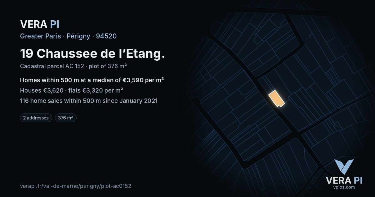 19 Chaussee de l’Etang, Périgny at night – the plot lit, the parcels around coloured by the prices near them
