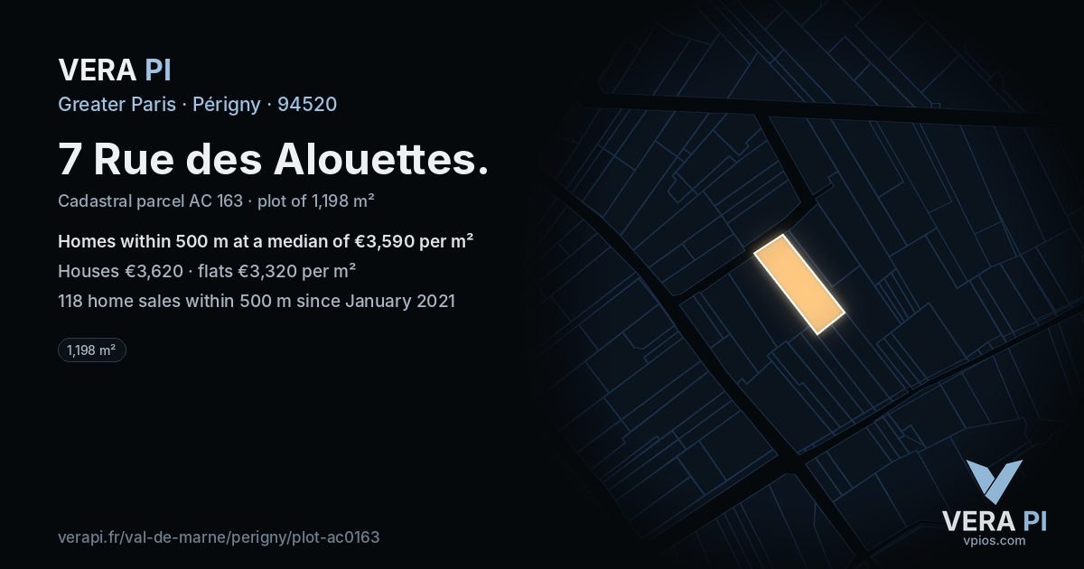 7 Rue des Alouettes, Périgny at night – the plot lit, the parcels around coloured by the prices near them