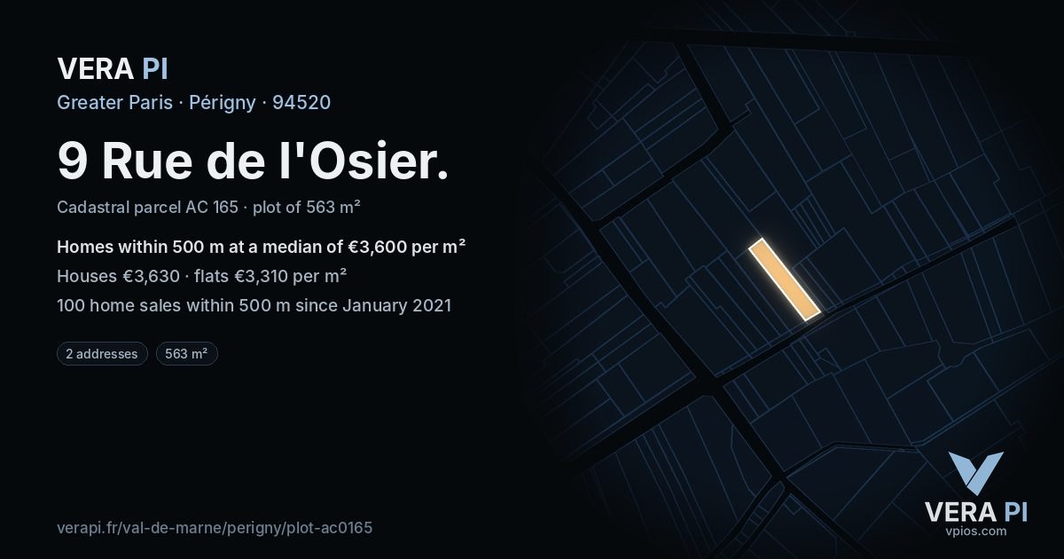 9 Rue de l'Osier, Périgny at night – the plot lit, the parcels around coloured by the prices near them
