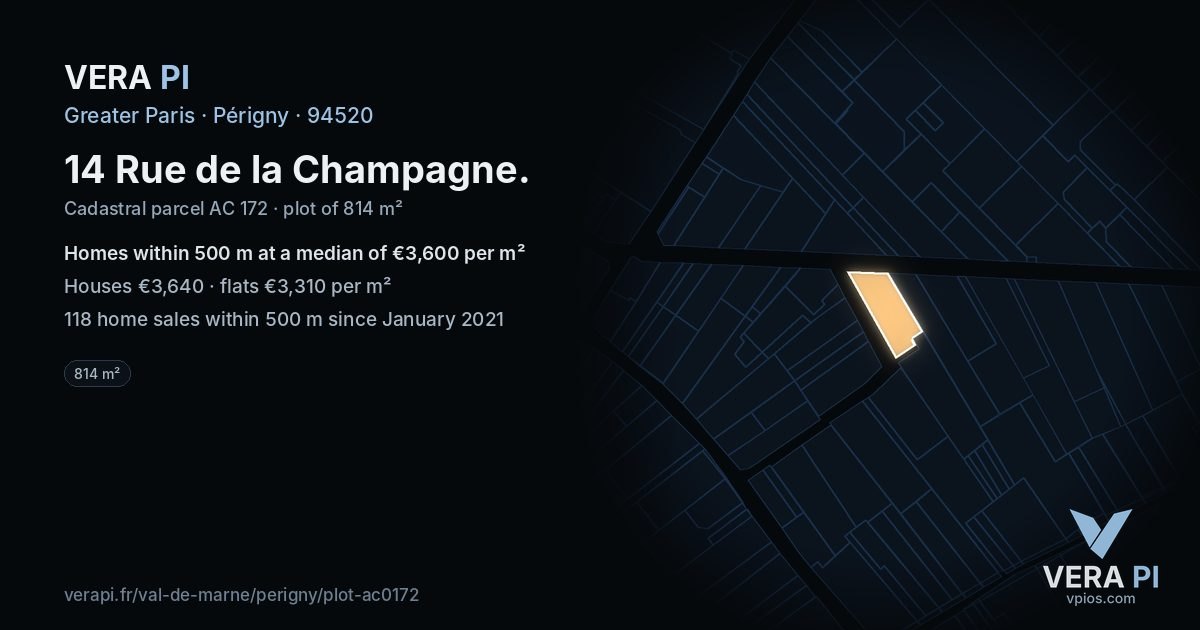 14 Rue de la Champagne, Périgny at night – the plot lit, the parcels around coloured by the prices near them
