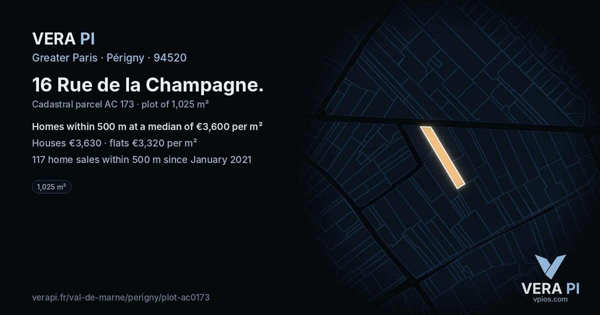 16 Rue de la Champagne, Périgny at night – the plot lit, the parcels around coloured by the prices near them