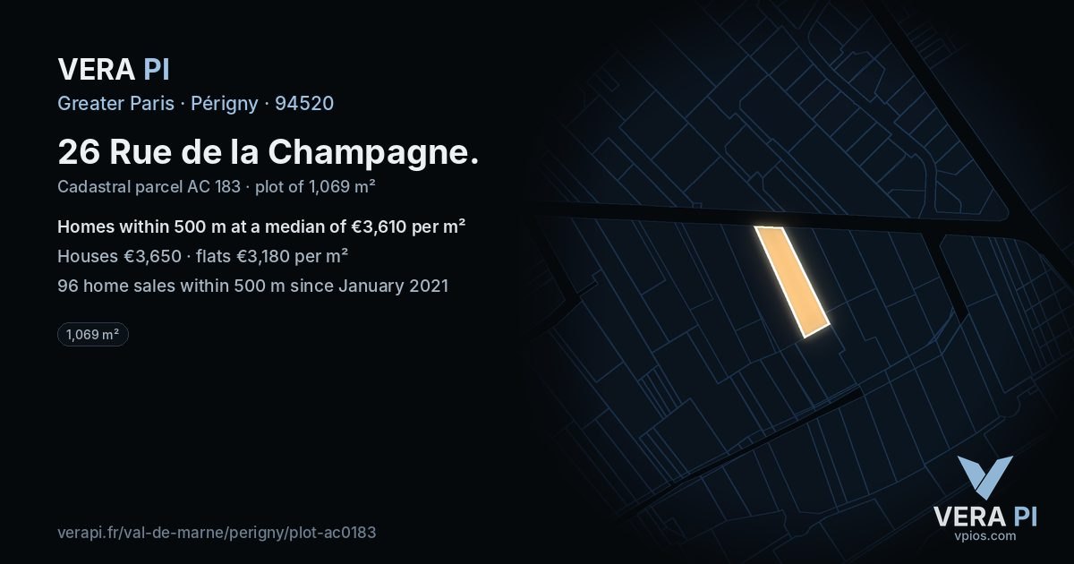 26 Rue de la Champagne, Périgny at night – the plot lit, the parcels around coloured by the prices near them